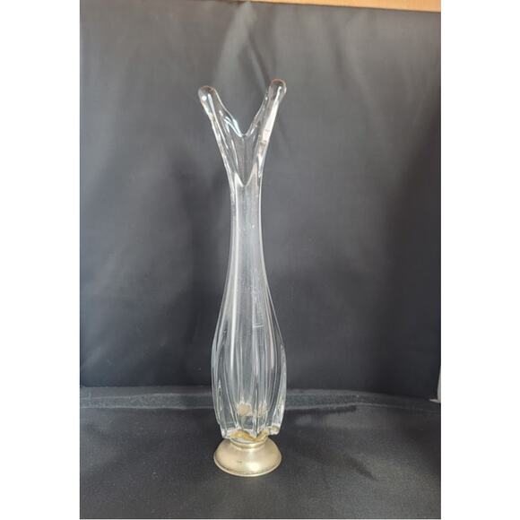 Crystal 12"  clear glass swung vase with Silver Stamped base 1960's V top taper - Picture 1 of 8